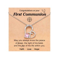 PINKDODO First Communion Gifts for Girls Kids Catholic Holy 1st Communion Decorations Goddaughter Cross Necklace Jewelry  K-B-Heart-Cross-Commun-01